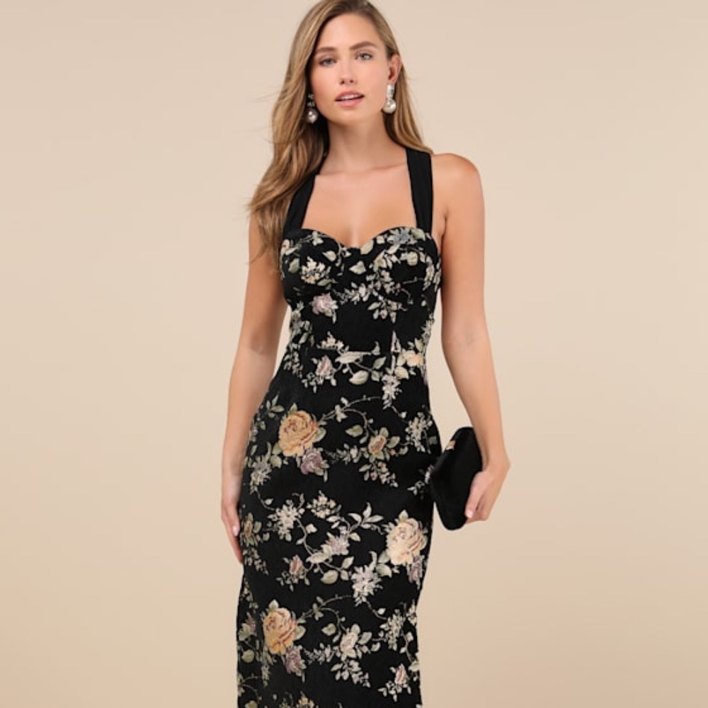 Pemberley Black Jacquard Lace-Up Maxi Dress
